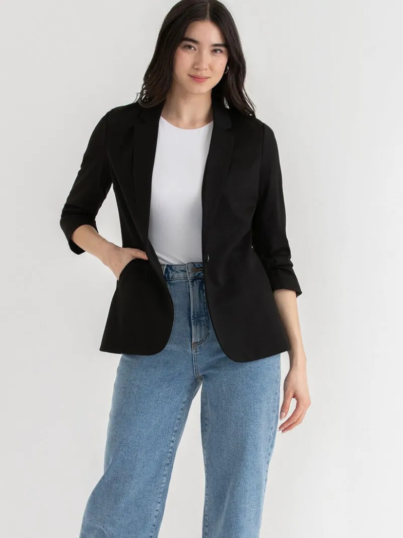 hampton__ruched_sleeve_po_1-1.webp Ricki's Blazers*Hampton 3/4 Ruched Sleeve Ponte Blazer