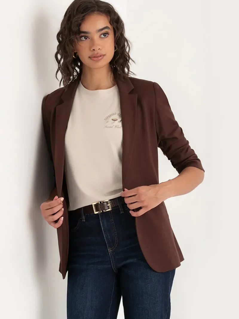 hampton__ruched_sleeve_po_1-2.webp Ricki's Blazers*Hampton 3/4 Ruched Sleeve Ponte Blazer