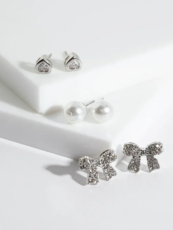 Ricki's Earrings*Heart, Pearl + Bow Stud Earrings Trio