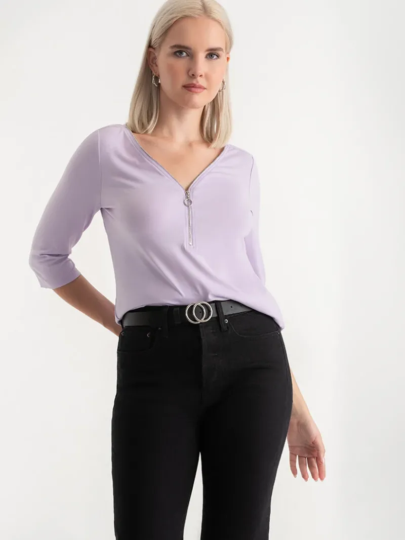 vneck_zipper__sleeve_top_0-2.webp Ricki's Shirts & Blouses*V-Neck Zipper 3/4 Sleeve Top