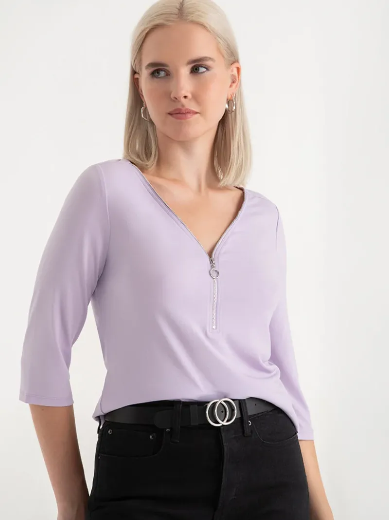 vneck_zipper__sleeve_top_2-2.webp Ricki's Shirts & Blouses*V-Neck Zipper 3/4 Sleeve Top